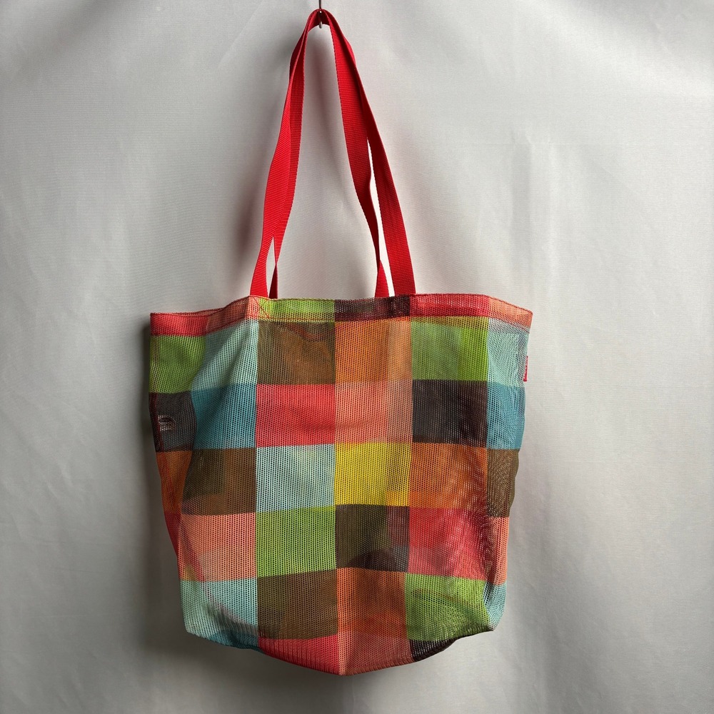 VTG Y2K Old Navy Multi Color Mesh Checkered Plaid Tote Bag Colorful Beach Preppy